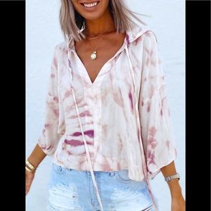 RARE Hoodie Tie-dye Whiter/purple Deep V-Neck Silky Pullover Soft Windbreaker
